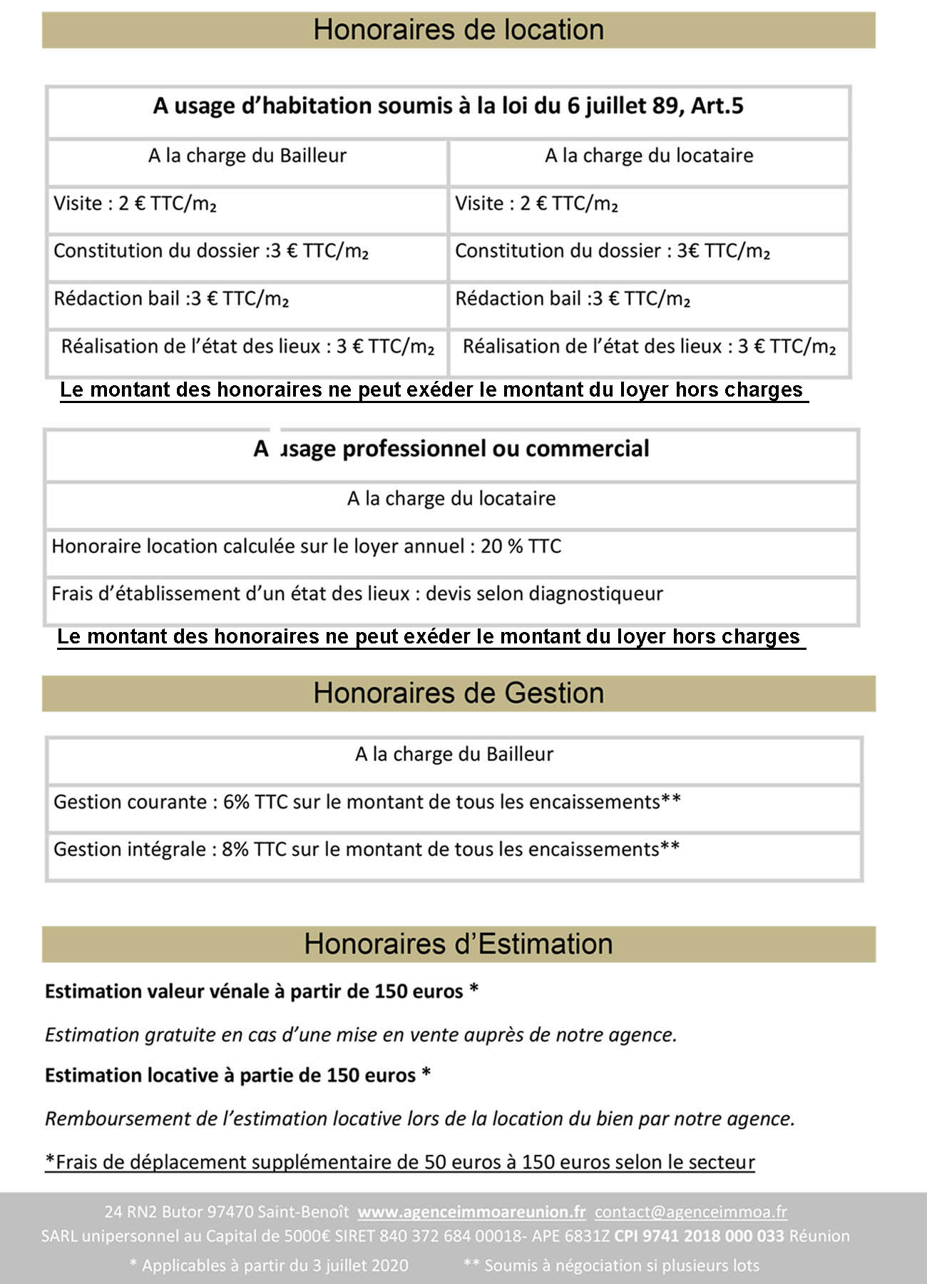 Honoraires Location Gestion 